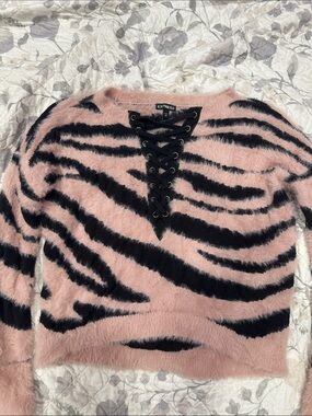 Express Pink and Black Fuzzy Lace-Up V-Neck Zebra Sweater